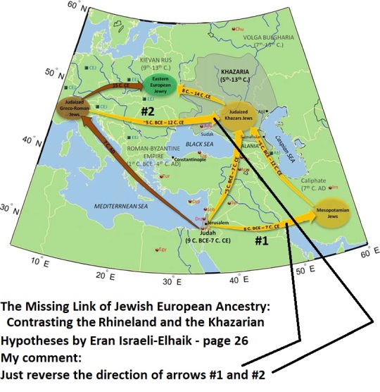 The major migrations that formed Eastern European Jewry according to the Khazarian and Rhineland Hypotheses are shown in yellow and browns, respectively