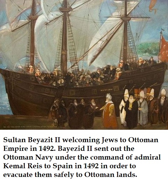 Sultan Beyazit II welcoming Jews expelled from Iberia to the Ottoman Empire in 1492.