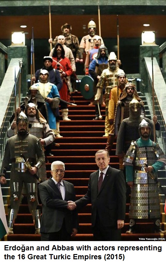 Erdoğan and Abbas with actors representing the 16 Great Turkic Empires (2015)