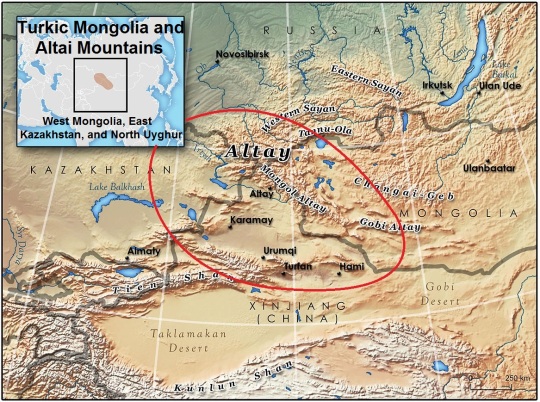 Turkic Mongolians origin in Altai Mountains and northern Tarim Basin of Western Mongolia, Eastern Kazakhstan, and Northern Uyghur